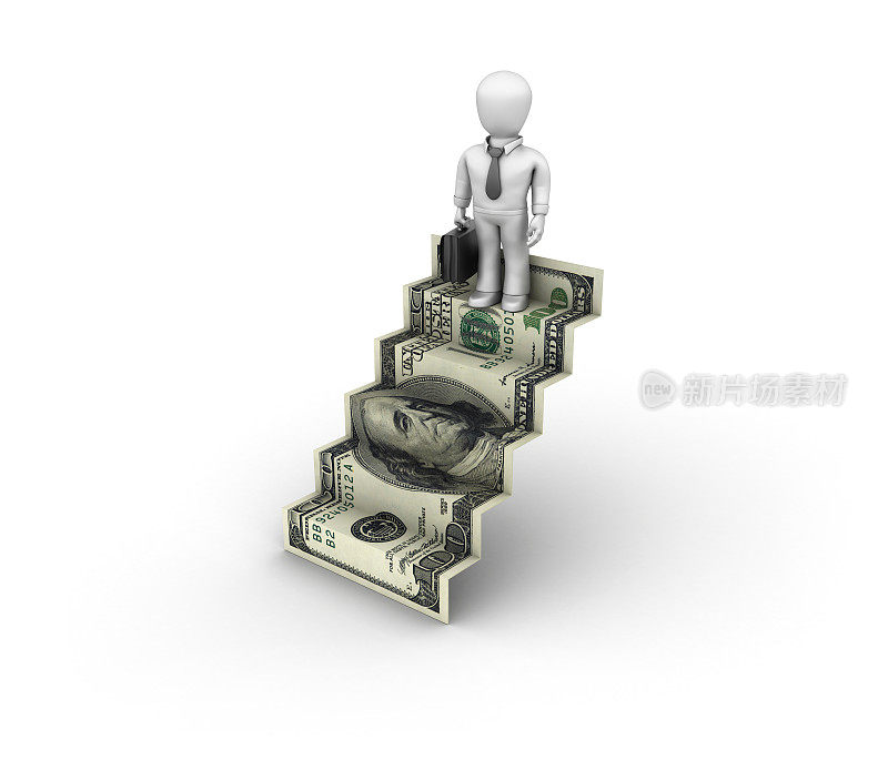 楼梯的100美元纸币与商务人士- 3D渲染